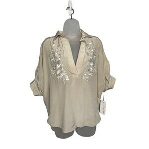 Fifteen-Twenty Silk Short Raglan Sleeve XS Embroidered Rose Flowy Blouse USA